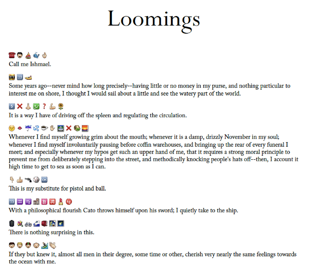 Emoji Dick에서 이모지 문자열과 Moby-Dick 원문을 나란히 배치한 Loomings 장면